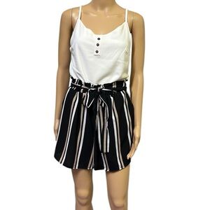 J for Justify Striped Lagenlook Shorts Romper with Pockets and Tie Belt Womens L